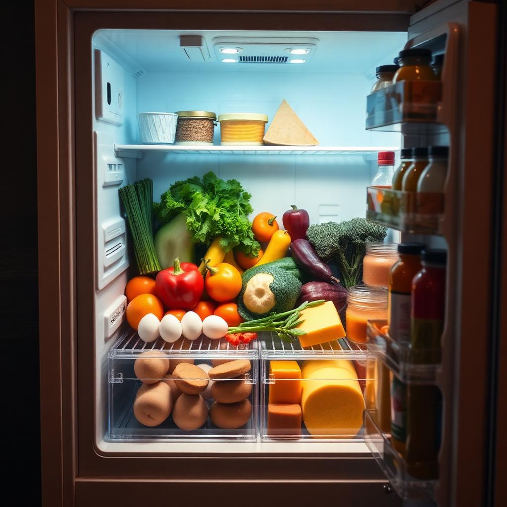 An open fridge full of fresh ingredients ready to be photographed